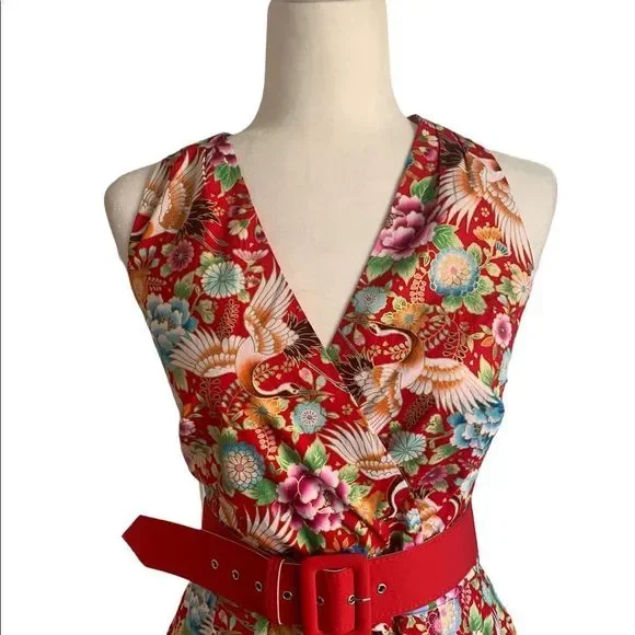 NEW Unique Vintage Red  Floral Halter Dress | Size M - Picture 5 of 16